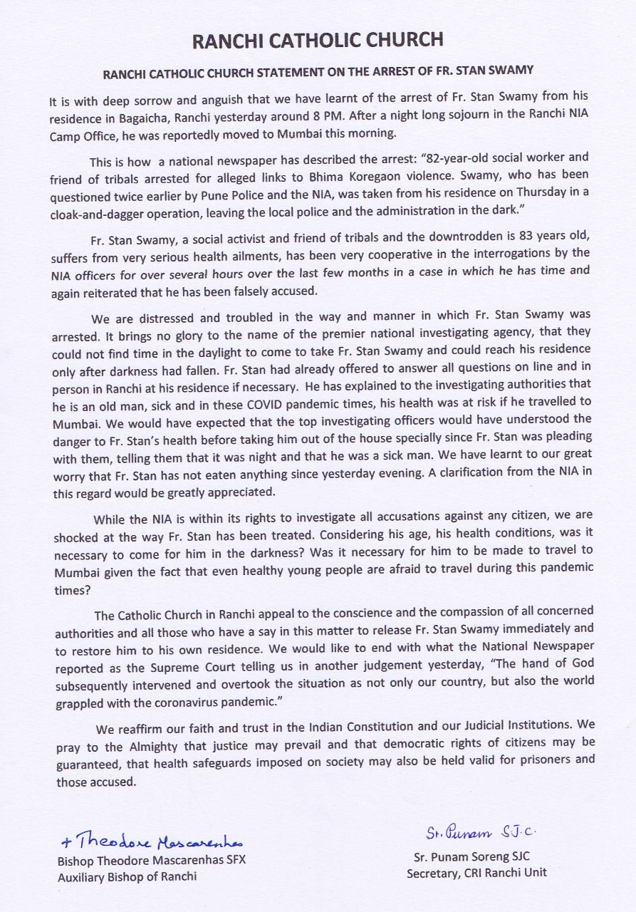 Ranchi Catholic Church Statement