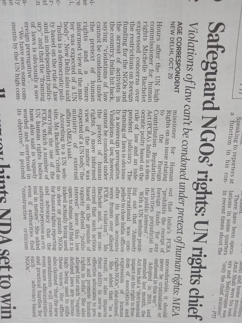 Asian Age Pg 4, Safegauard NGO's rights, UN rights chief