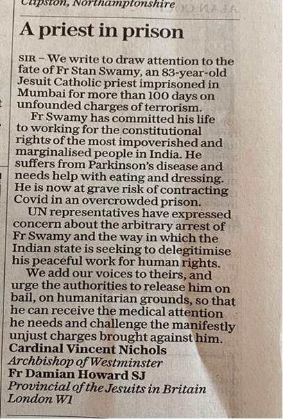 News paper clip on Fr. Stan Swamy by Fr. Damain Hawards SJ