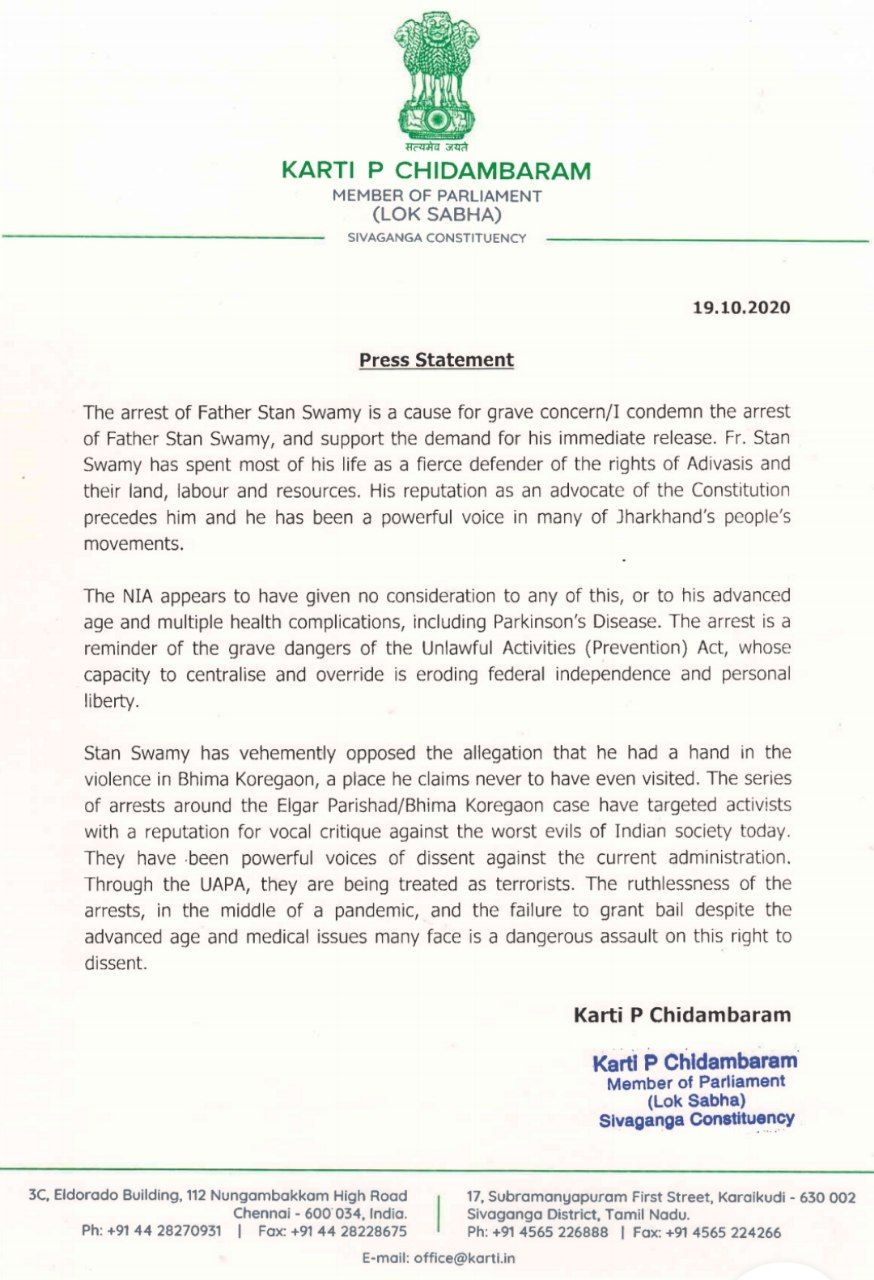KARTI P CHIDAMBARAM, MP, LOK SABHA OCT 19, 2020