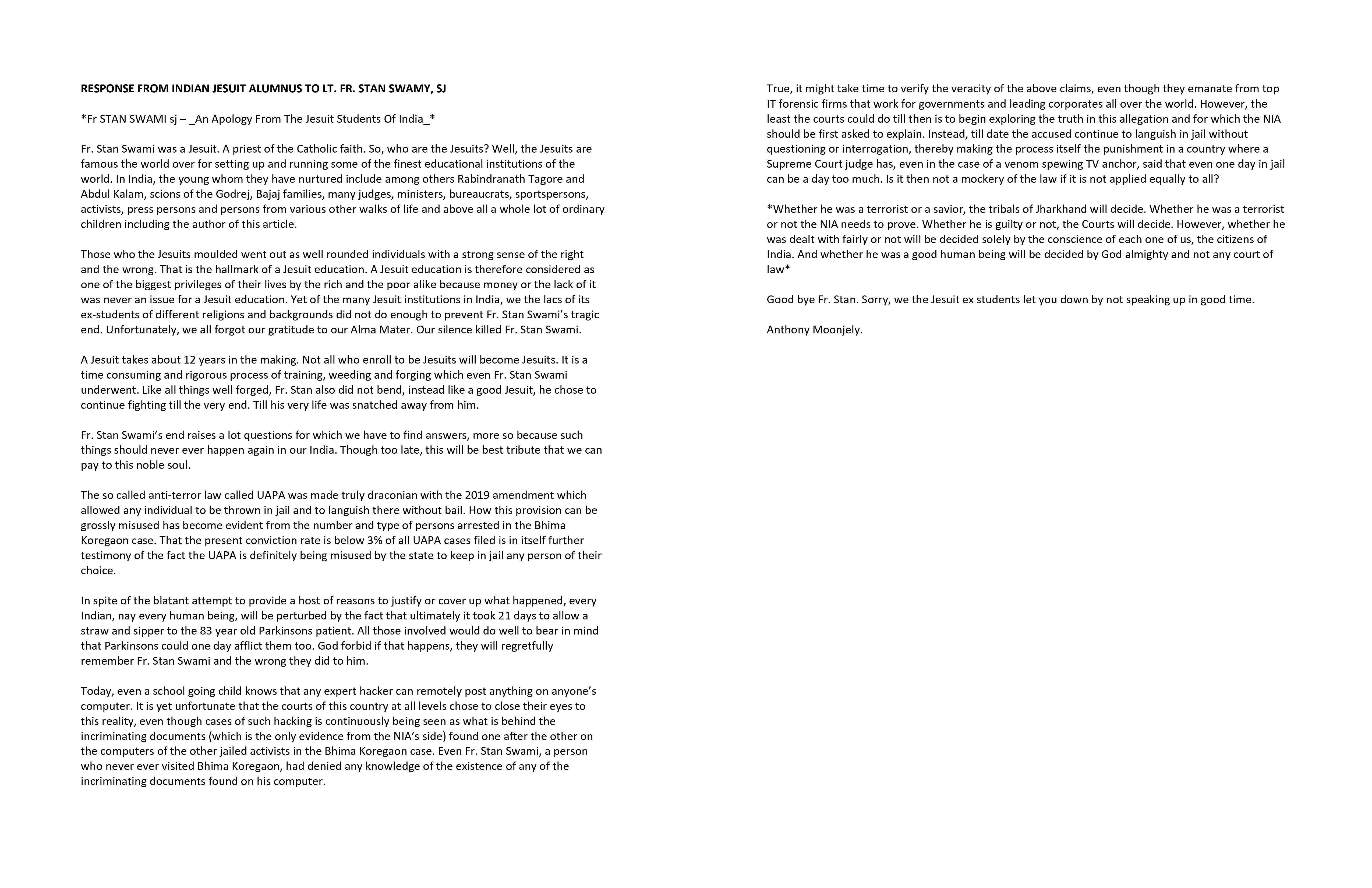 INDIAN JESUIT ALUMNUS RESPONSE